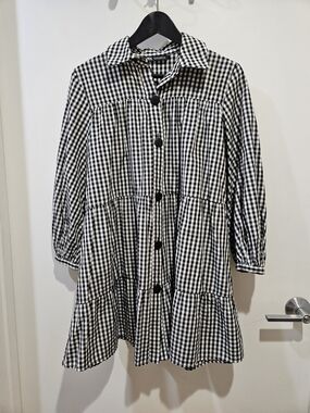 Zara Black and White Gingham Tiered Button-Front Dress